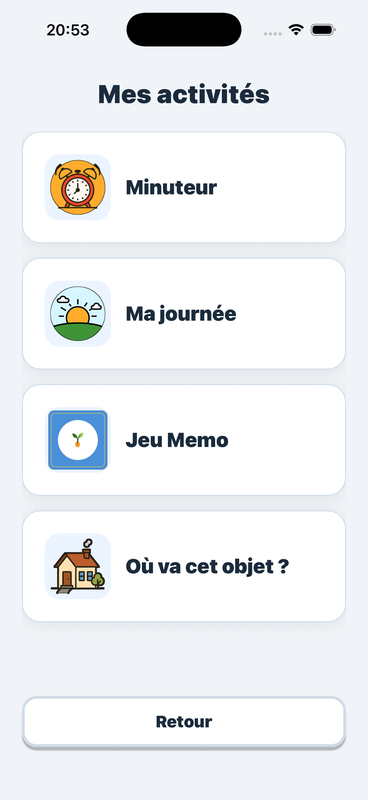 Capture d'écran des activités complémentaires : minuteur, mémo, pop-it.