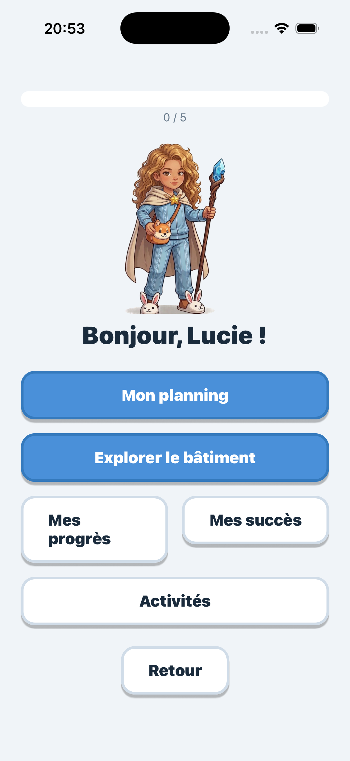 Capture d'écran de l'accueil enfant : missions du jour en pictogrammes.