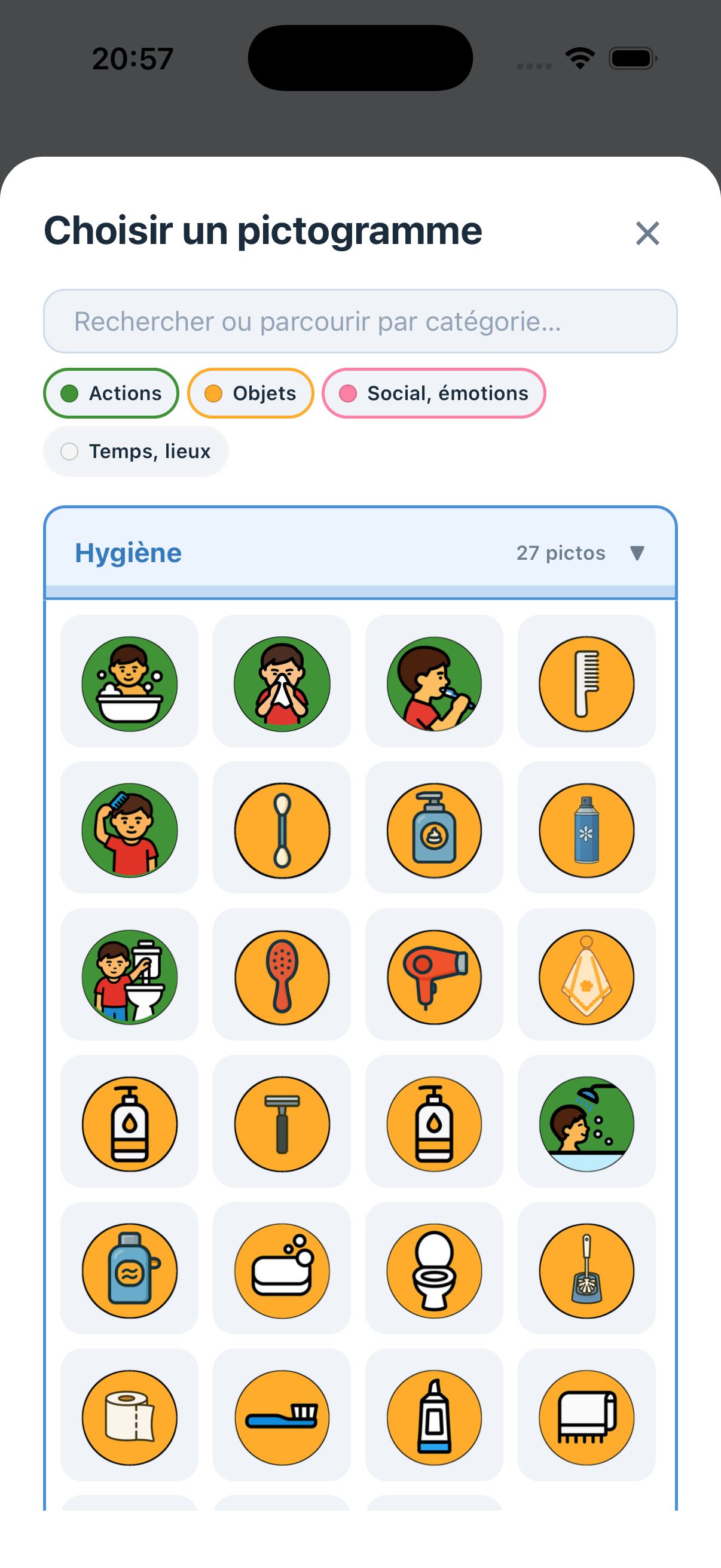 Capture d'écran de la composition d'une mission, sélection de pictogrammes.